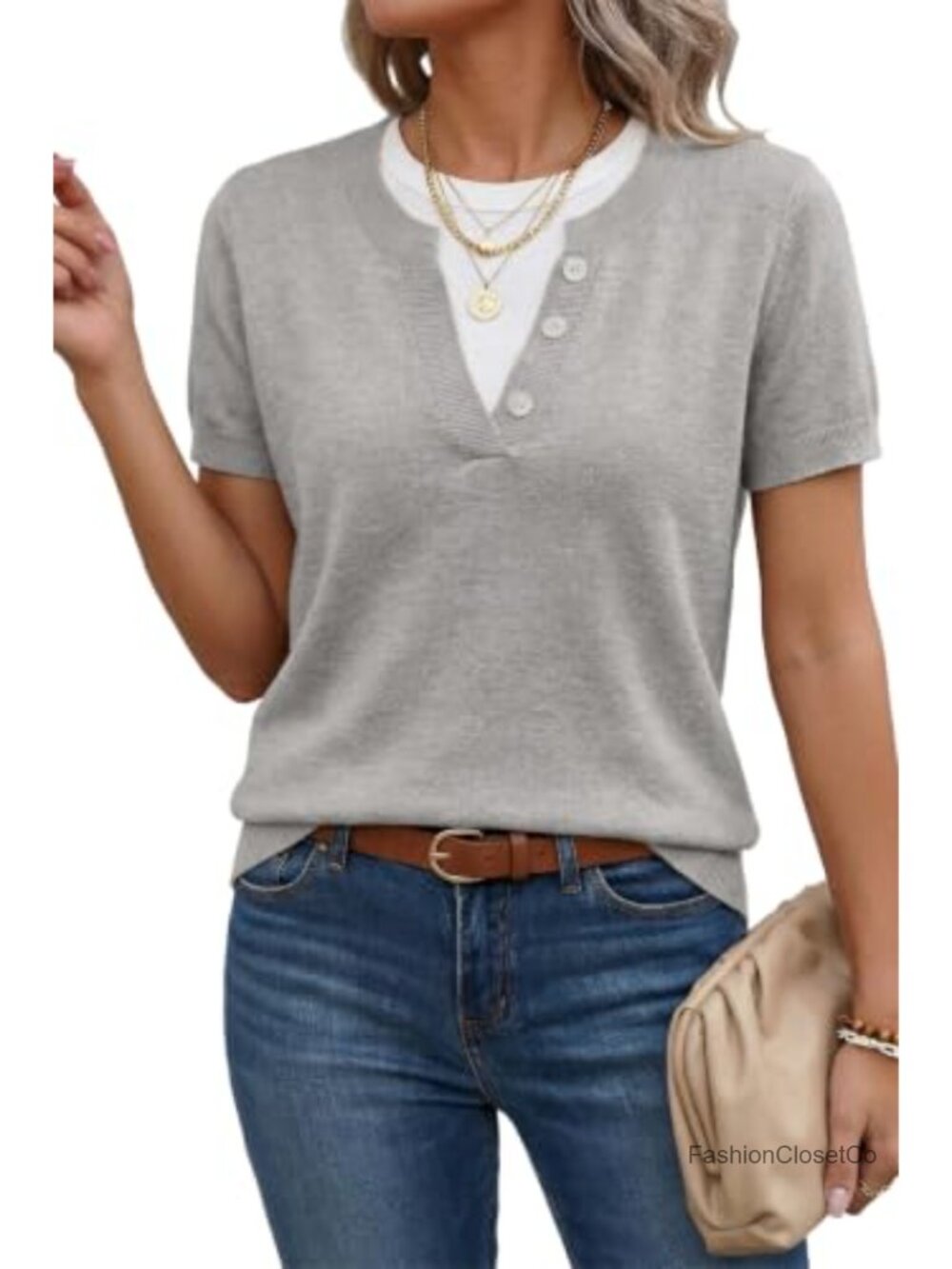 Lightweight Short Sleeve Sweater With Faux Layered Knit Design